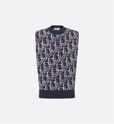 Dior Oblique Sweater Vest Blue Virgin Wool Jacquard 